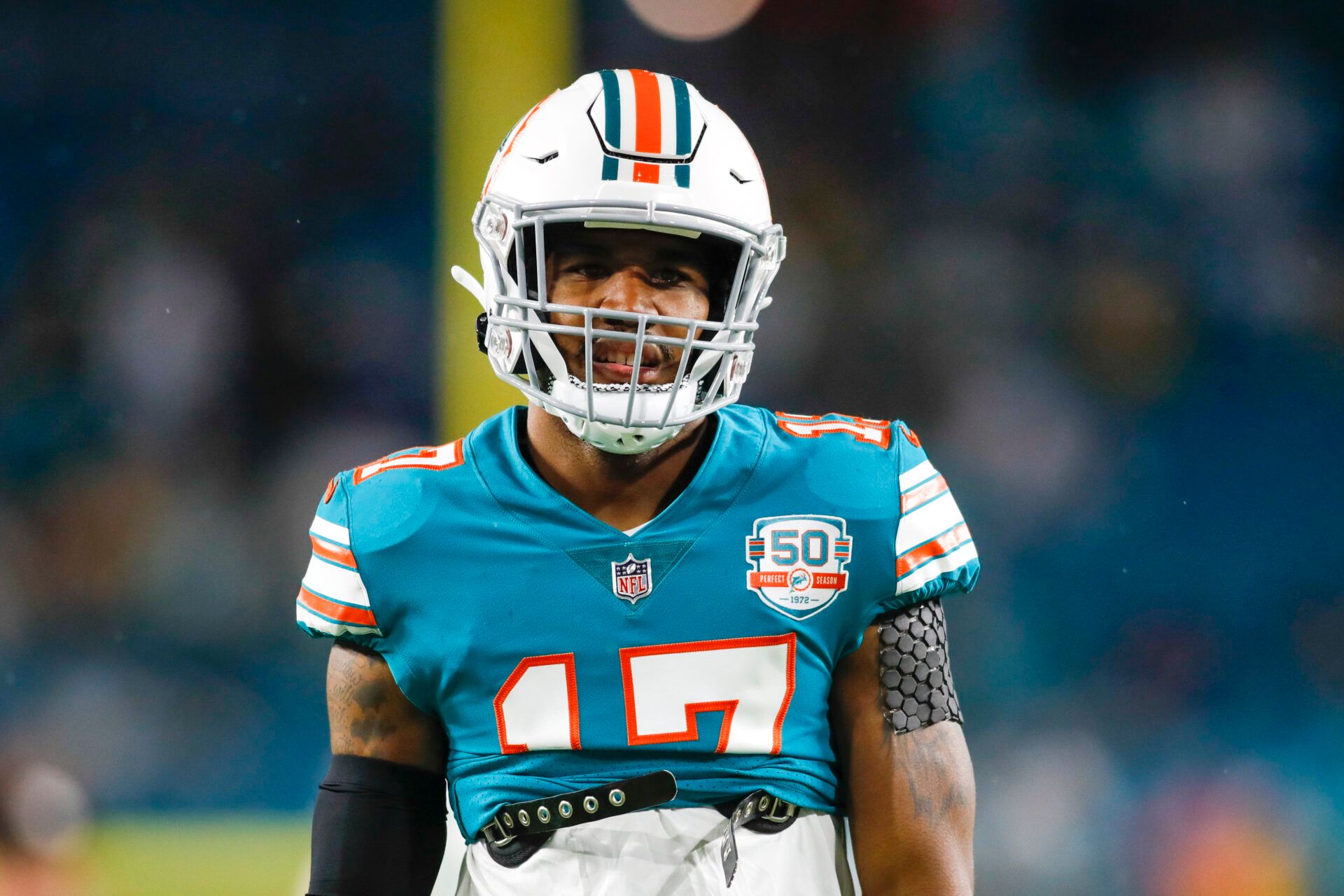 Miami Dolphins wide receiver Jaylen Waddle (17) walks on the field prior to the game against the Pittsburgh Steelers at Hard Rock Stadium.