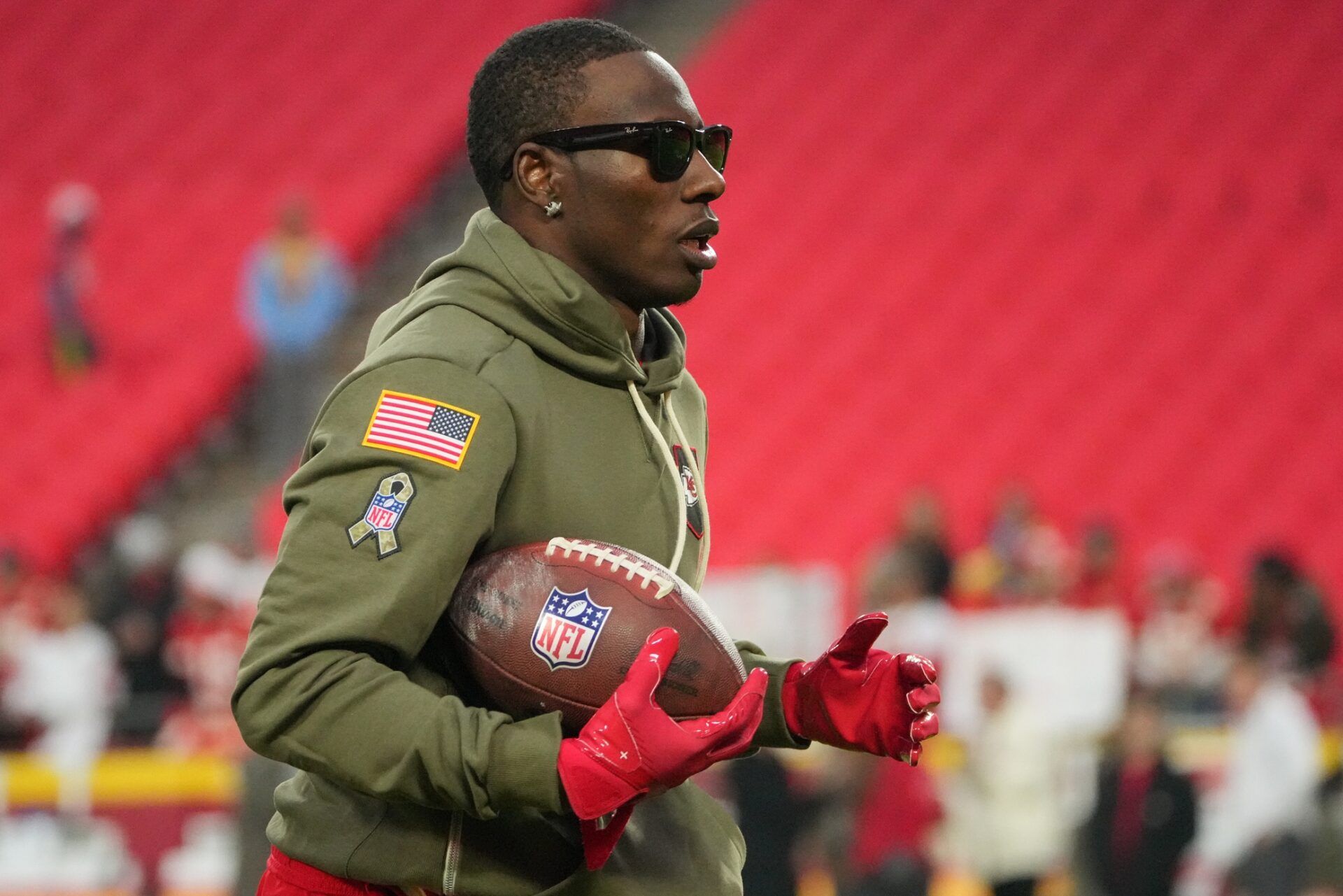 Kansas City Chiefs wide receiver Marquise Brown (5) warms up prior to the game against the Washington Commanders at GEHA Field at Arrowhead Stadium.