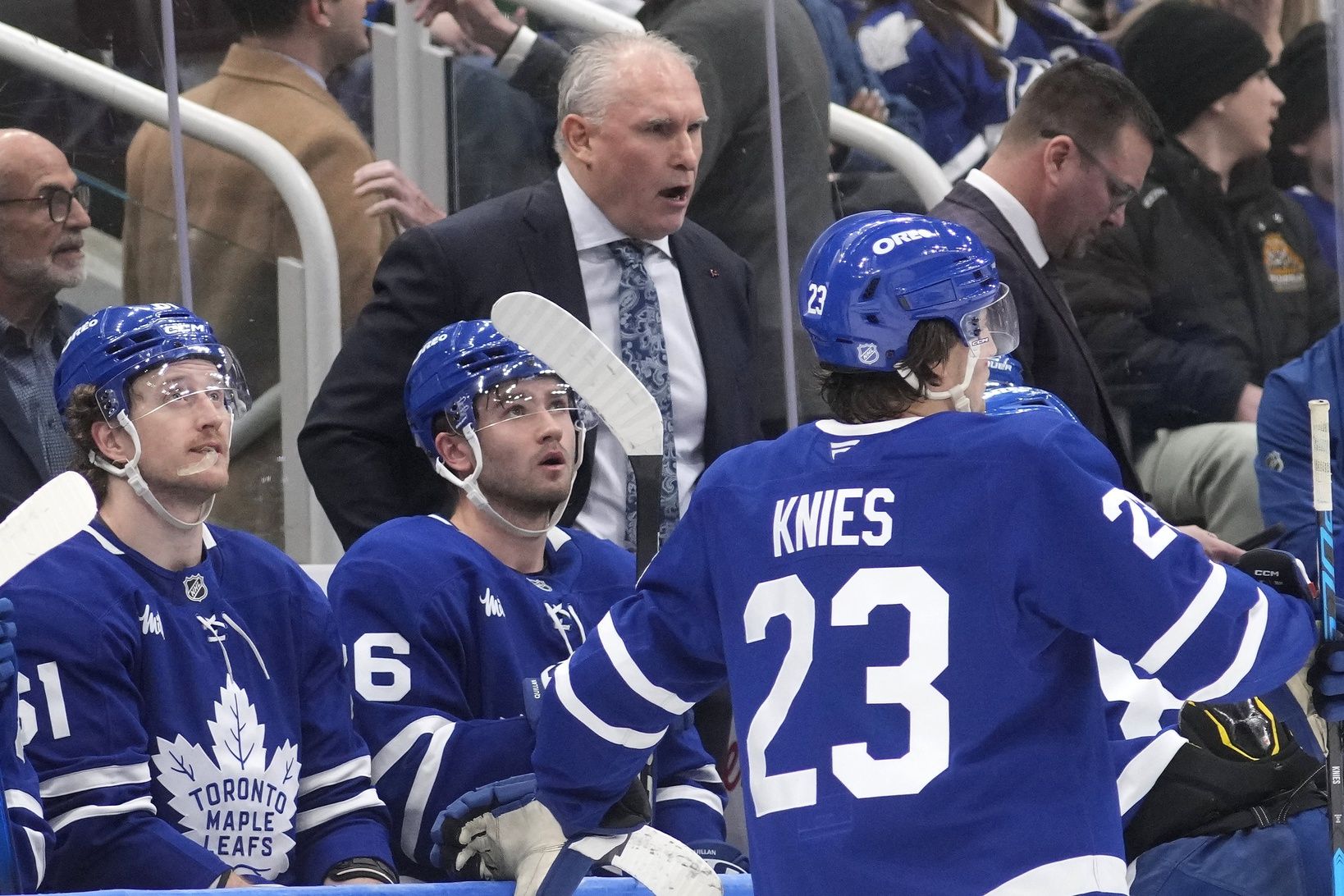 Toronto Maple Leafs head coach Craig Berube talks to his team during a break in the action against the Anaheim Ducks during the third period at Scotiabank Arena.