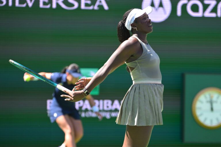 Victoria Mboko (CAN) serves in her quarterfinal against Aryna Sabalenka (BEL) during the BNP Paribas Open at the Indian Wells Tennis Garden.