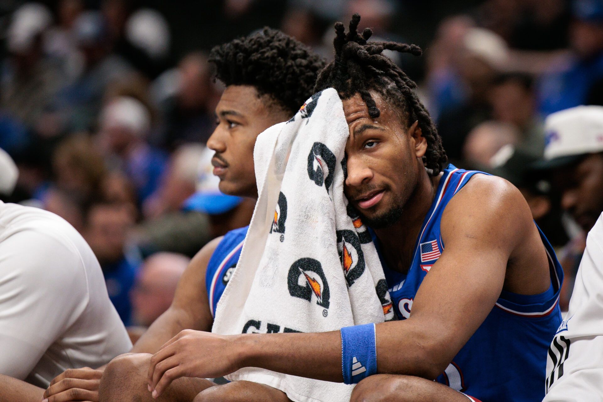 Kansas Jayhawks guard Darryn Peterson (22) reacts on the bench towards the end of the game against the Houston Cougars at T-Mobile Center.