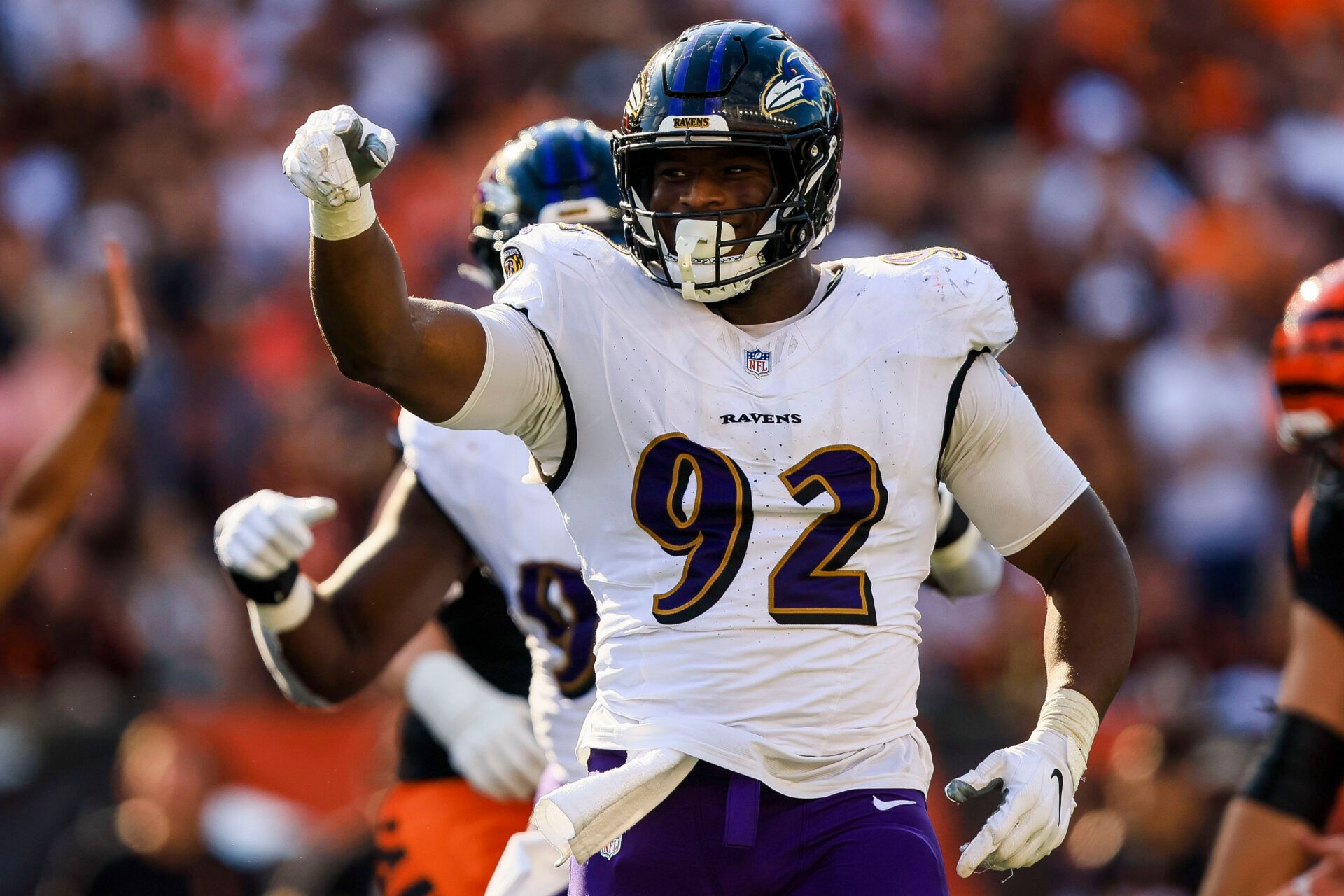 Baltimore Ravens defensive tackle Nnamdi Madubuike (92) reacts after sacking Cincinnati Bengals quarterback Joe Burrow (not pictured) in the second half at Paycor Stadium.