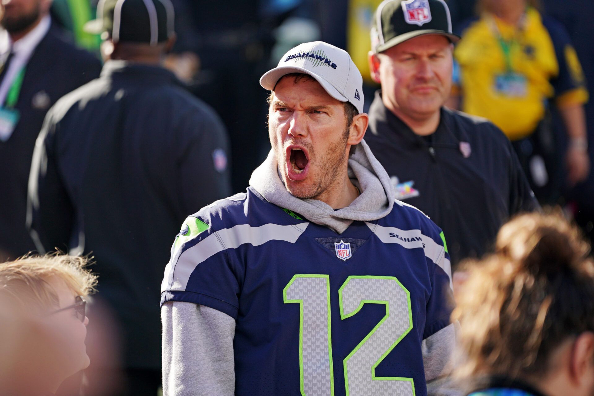 Actor Chris Pratt stands on the sidelines before the game between Seattle Seahawks and New England Patriots in Super Bowl LX at Levi's Stadium.