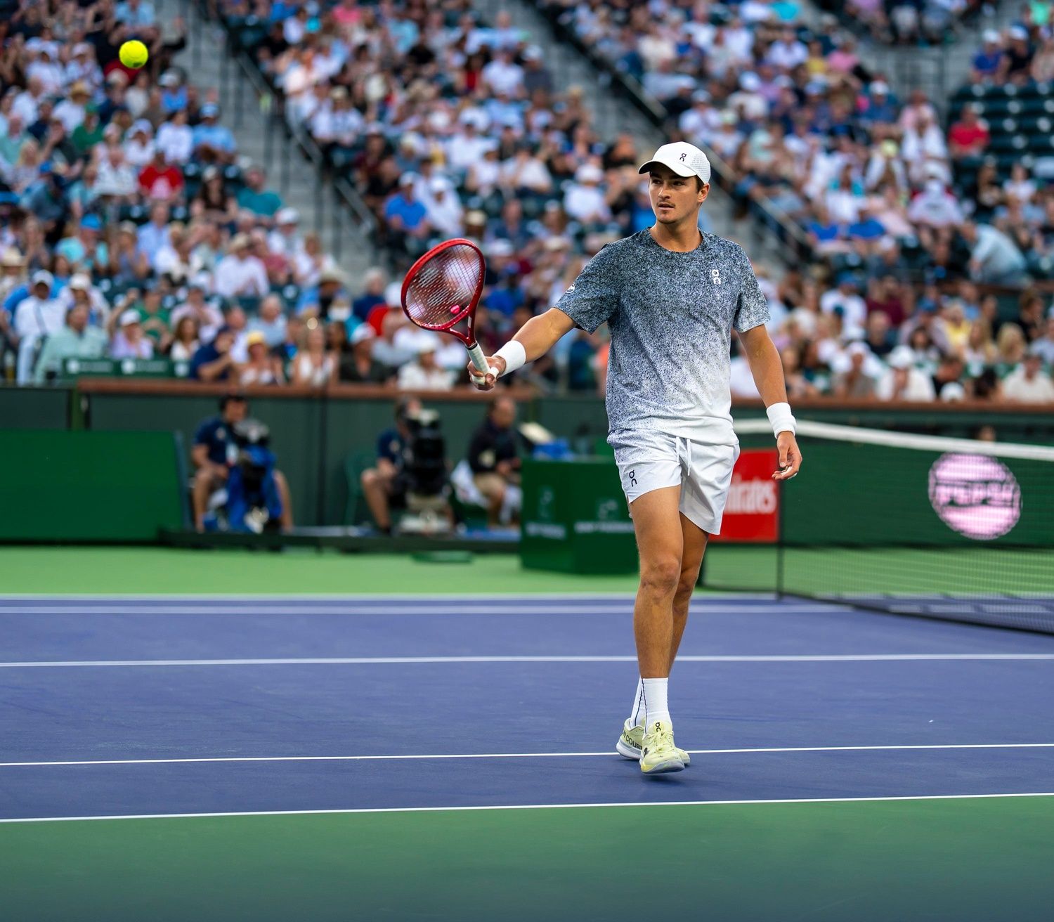 Joao Fonseca celebrates a point against Jannik Sinner in their fourth-round match at the BNP Paribas Open in Indian Wells, Calif., Tuesday, March 10, 2026.