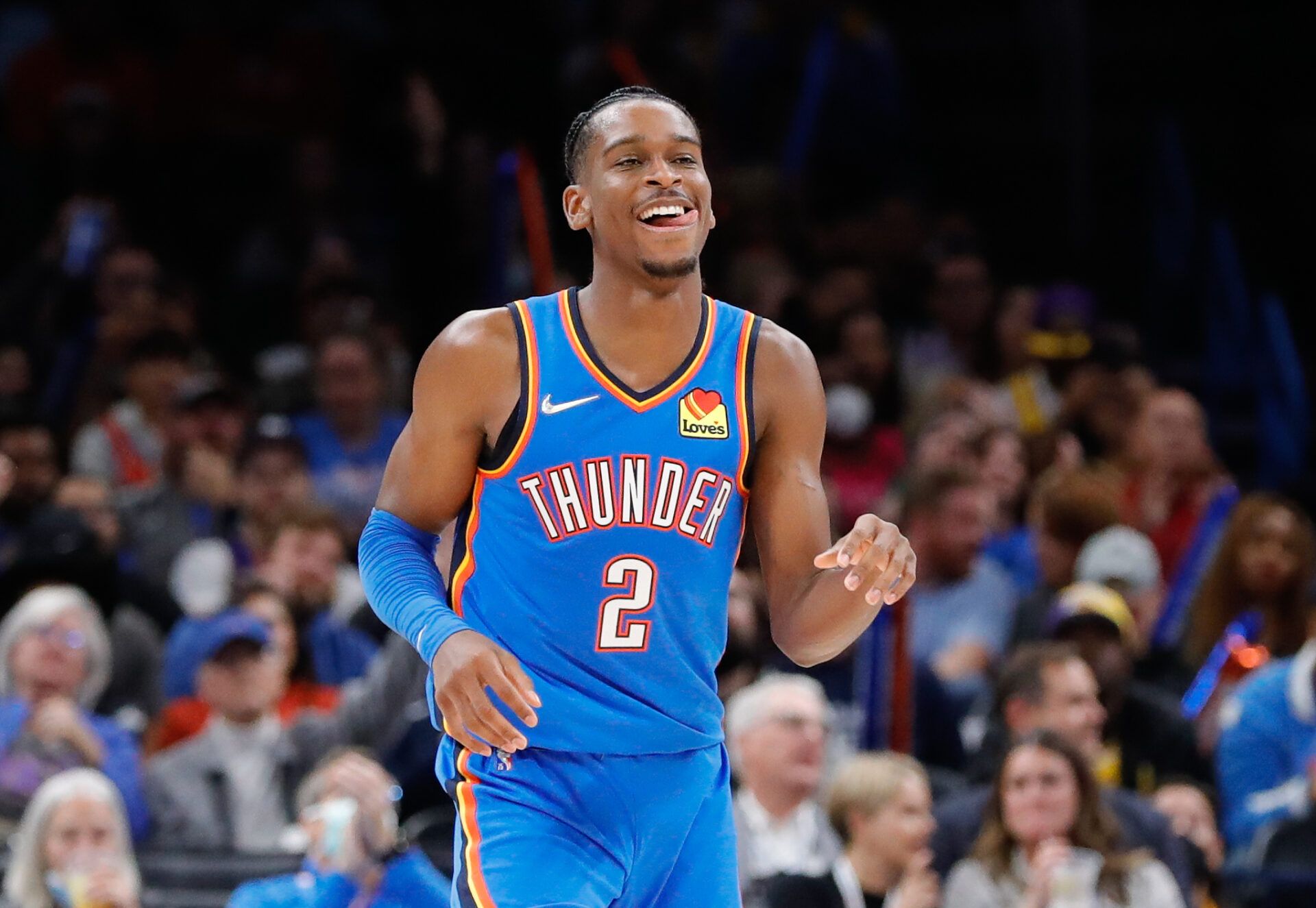 Oklahoma City Thunder guard Shai Gilgeous-Alexander (2) celebrates after a score against the Los Angeles Lakers during the second half at Paycom Center. Oklahoma City won 123-115.