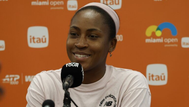 Coco Gauff (USA) speaks to the media during Media Day on Day 1 of the 2026 Miami Open at Hard Rock Stadium.