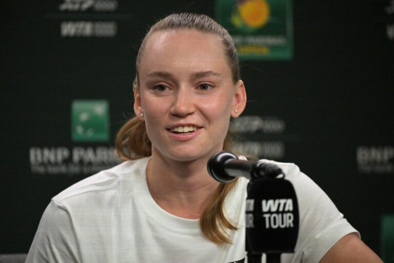 Elena Rybakina (KAZ) speaks to the media at a news conference during the BNP Paribas Open at the Indian Wells Tennis Garden.