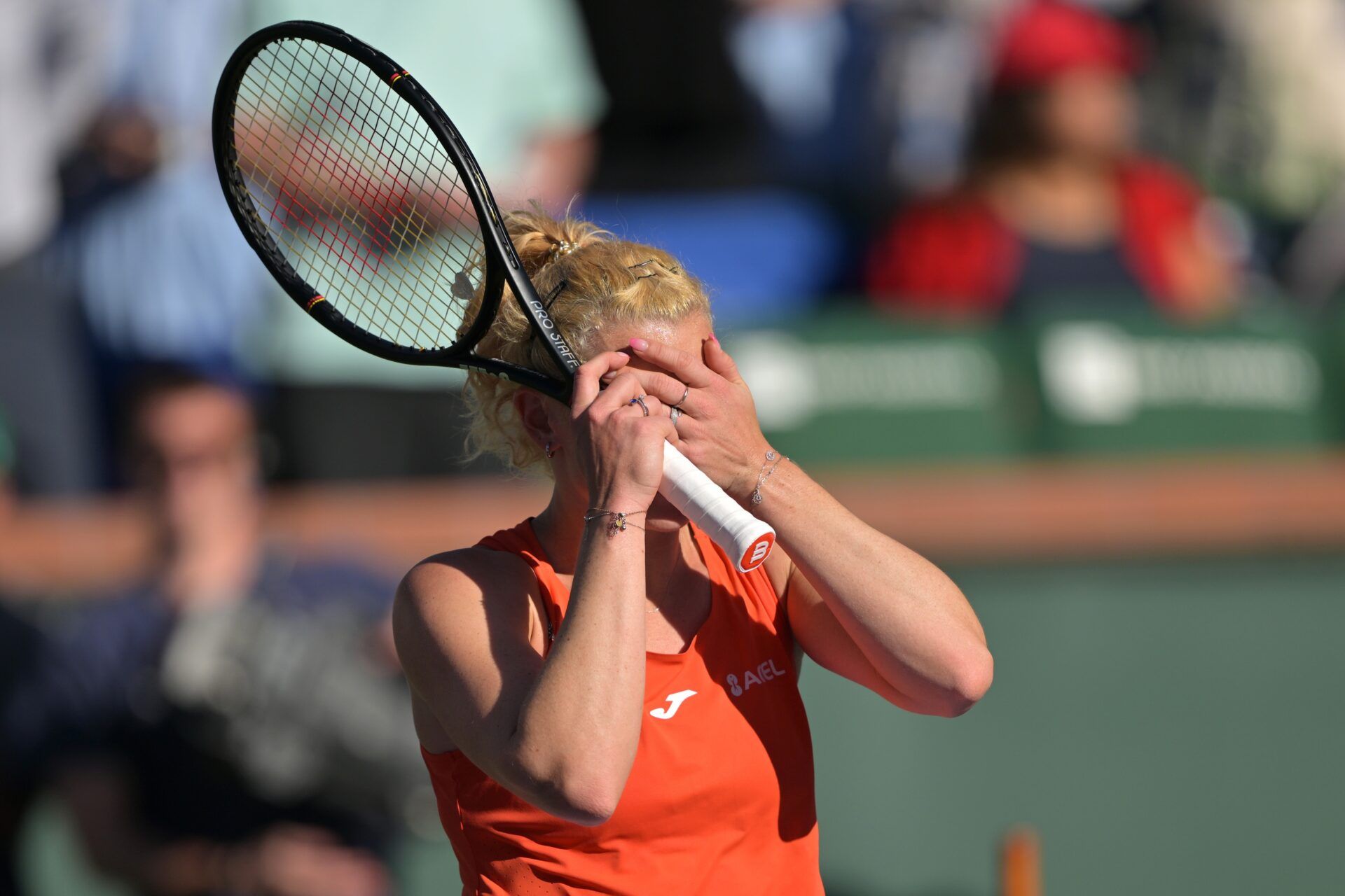 Katerina Siniakova (CZE) reacts after defeated Mirra Andreeva (RUS) during the third round of the BNP Paribas Open at the Indian Wells Tennis Garden.