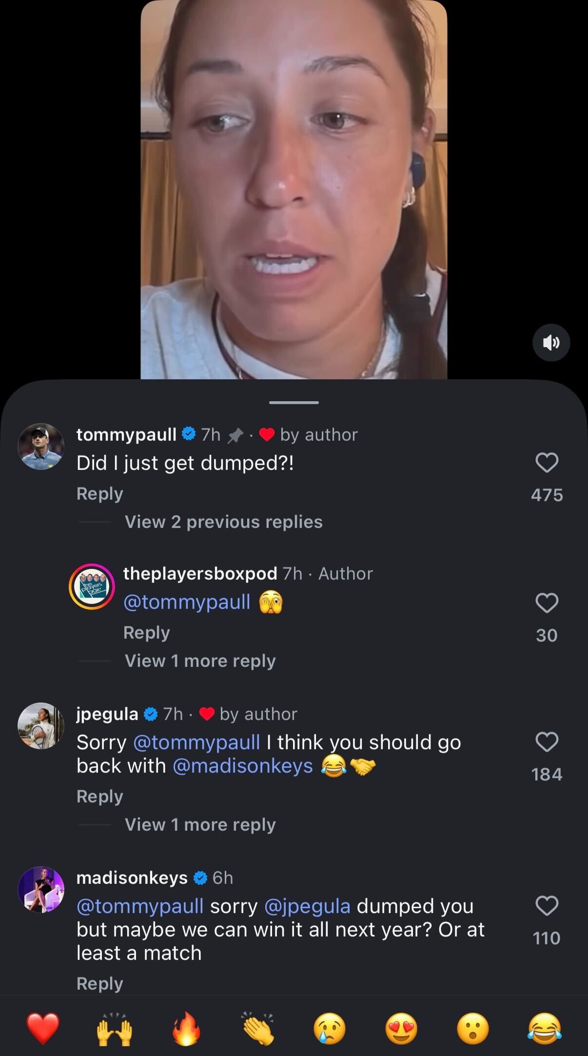 Madison Keys, Tommy Paul, and Jessica Pegula's reactions to the Players Box Podcast Instagram reel