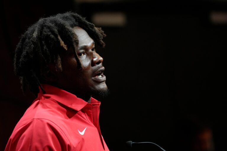 Georgia linebacker Raylen Wilson speaks to the media on the first day of fall practice in Athens, Georgia, on Thursday, July 31, 2025.