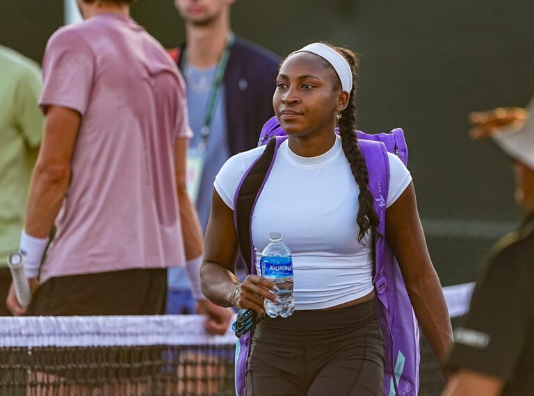 Coco Gauff arrives on the practice courts during the BNP Paribas Open in Indian Wells, Calif., Wednesday, March 4, 2026.