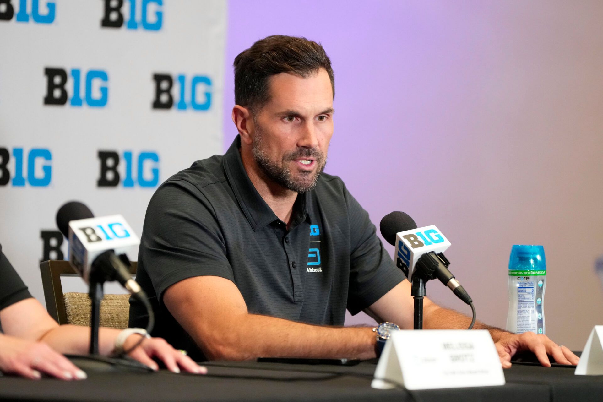Former NFL quarterback Matt Leinart speaks to the media about The We Give Blood Drive during the Big Ten NCAA college football media days at Mandalay Bay Resort.