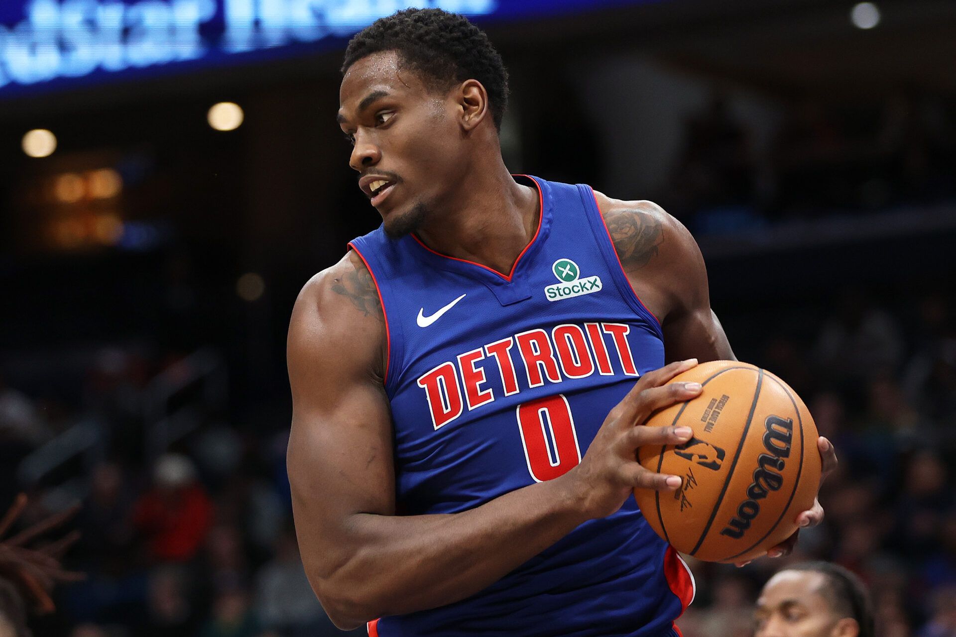 Detroit Pistons center Jalen Duren (0) grabs a rebound during the second half against the Washington Wizards at Capital One Arena.