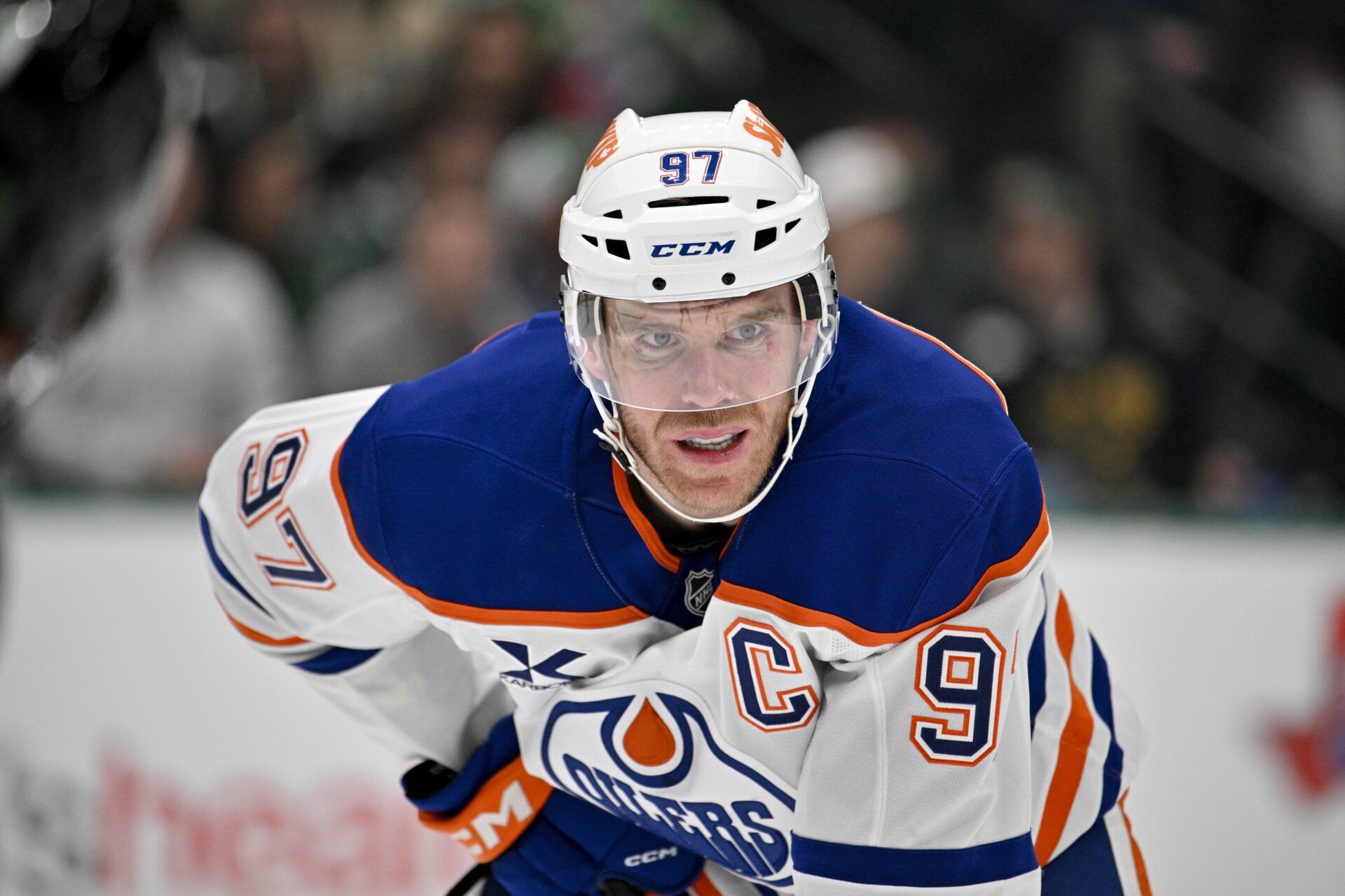 Edmonton Oilers center Connor McDavid (97) looks on during the third period against the Dallas Stars at the American Airlines Center.