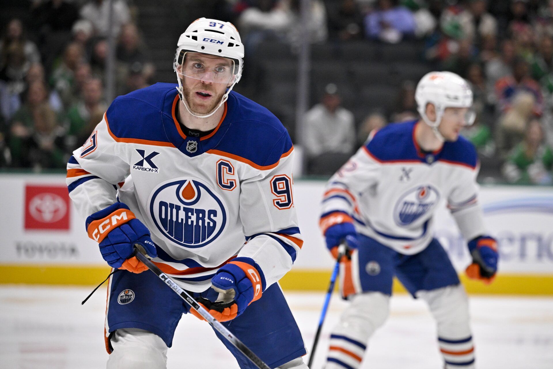 Edmonton Oilers center Connor McDavid (97) skates against the Dallas Stars during the second period at the American Airlines Center.