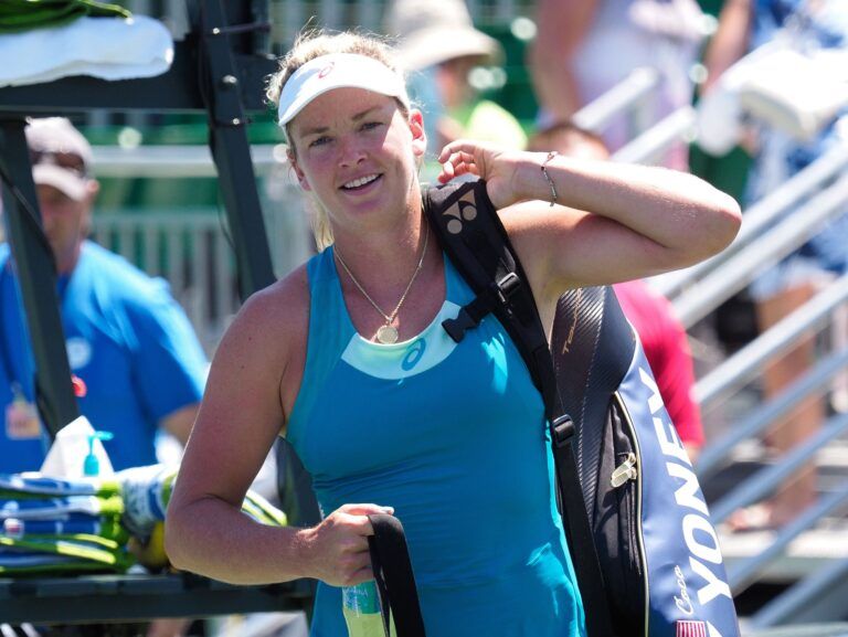 Coco Vandeweghe (USA) walks off the court after Aja Tomljanovic (CRO) retires from an injury during the Bank of the West Classic tennis tournament at Stanford University.