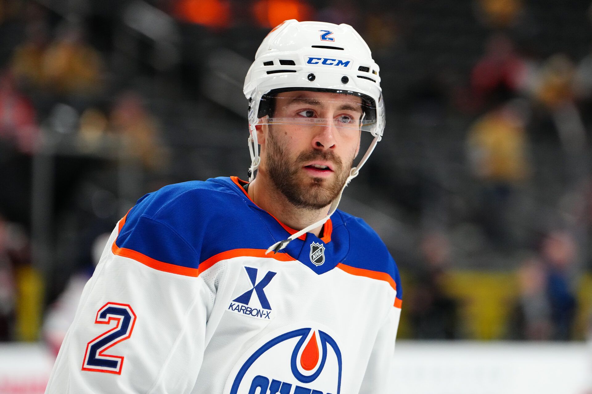 Edmonton Oilers defenseman Evan Bouchard (2) at T-Mobile Arena.