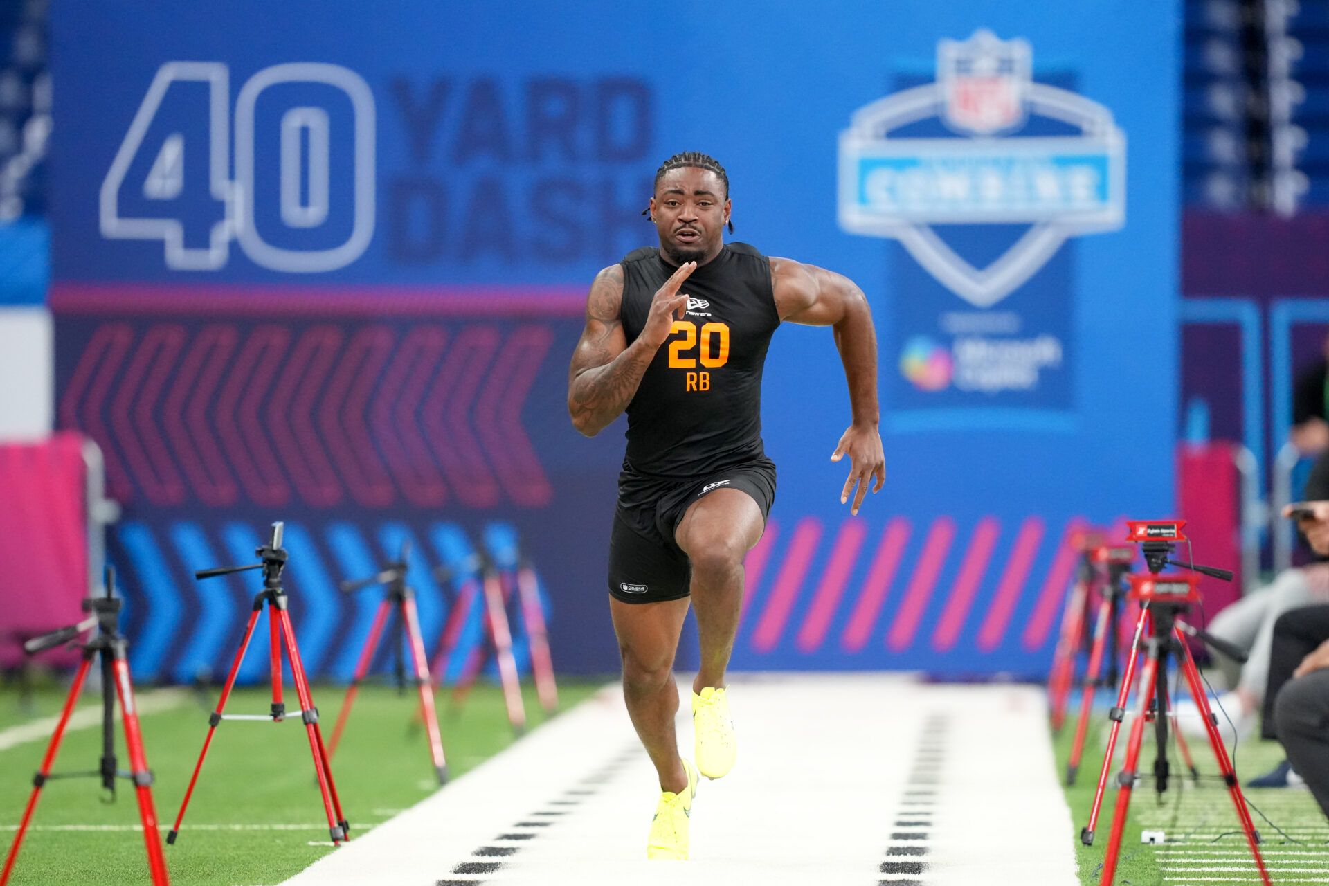 Arkansas running back Mike Washington Jr. (RB20) during the NFL Scouting Combine at Lucas Oil Stadium.