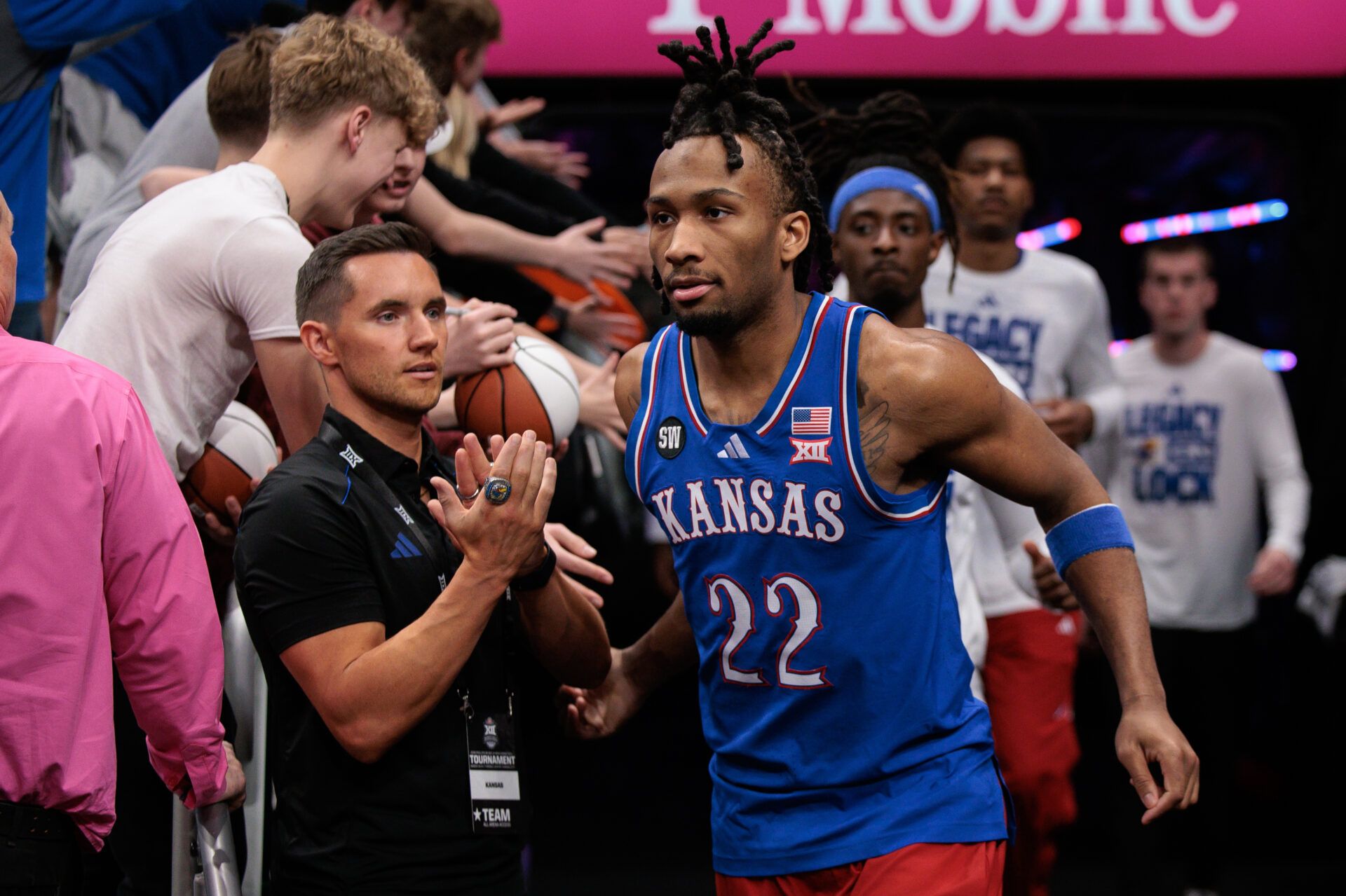 Kansas Jayhawks guard Darryn Peterson (22) enters the court for the game against the Houston Cougars at T-Mobile Center.
