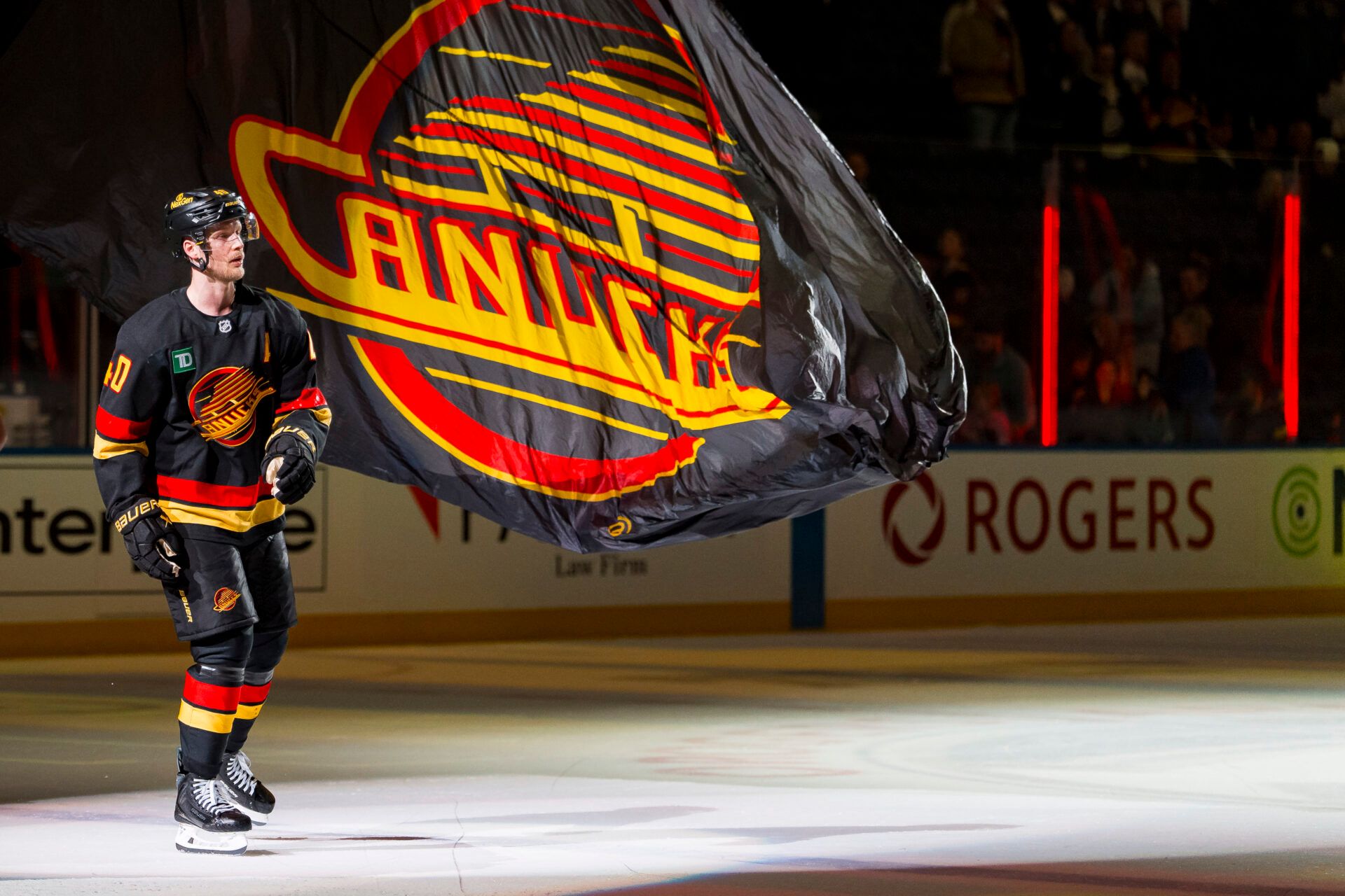 Vancouver Canucks forward Elias Pettersson (40) skates out as the game’s first star against the Florida Panthers at Rogers Arena.