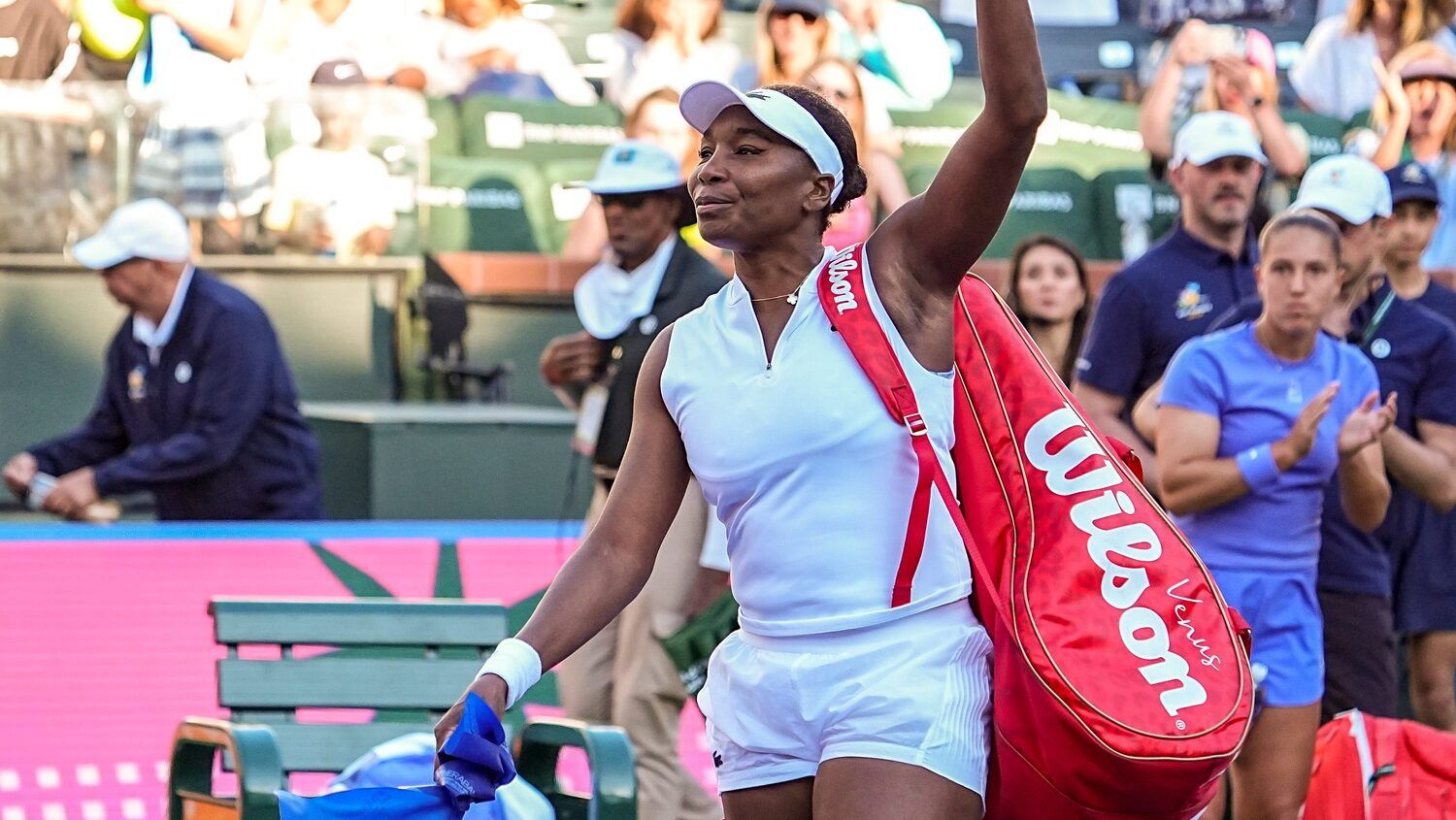 Venus Williams waves to fans as she walks off the court after her loss to Diane Parry in the first round of the BNP Paribas Open in Indian Wells, Calif., Thursday, March 5, 2026.