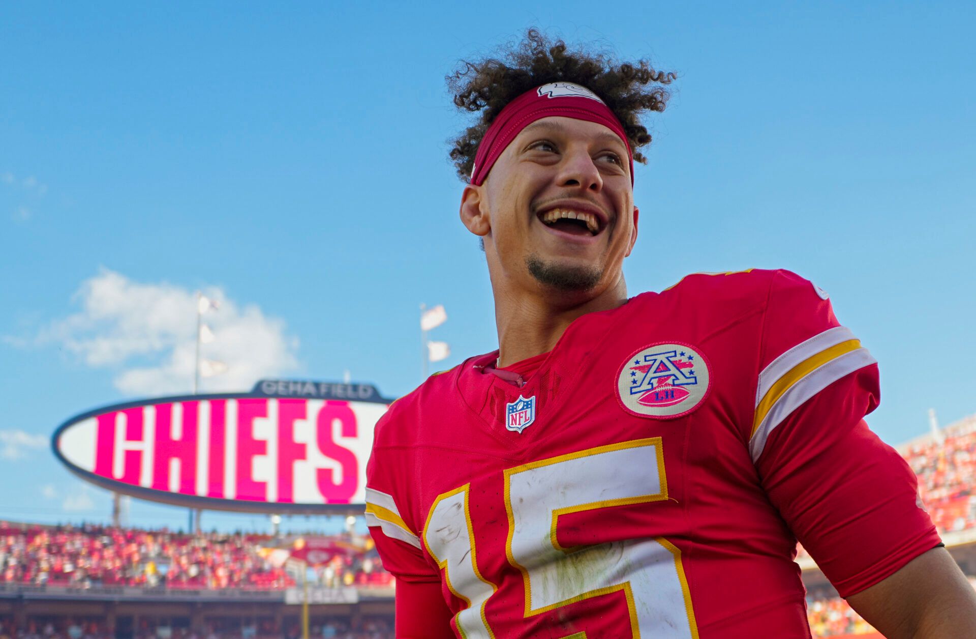 Kansas City Chiefs quarterback Patrick Mahomes (15) celebrates after defeating the Denver Broncos at GEHA Field at Arrowhead Stadium.