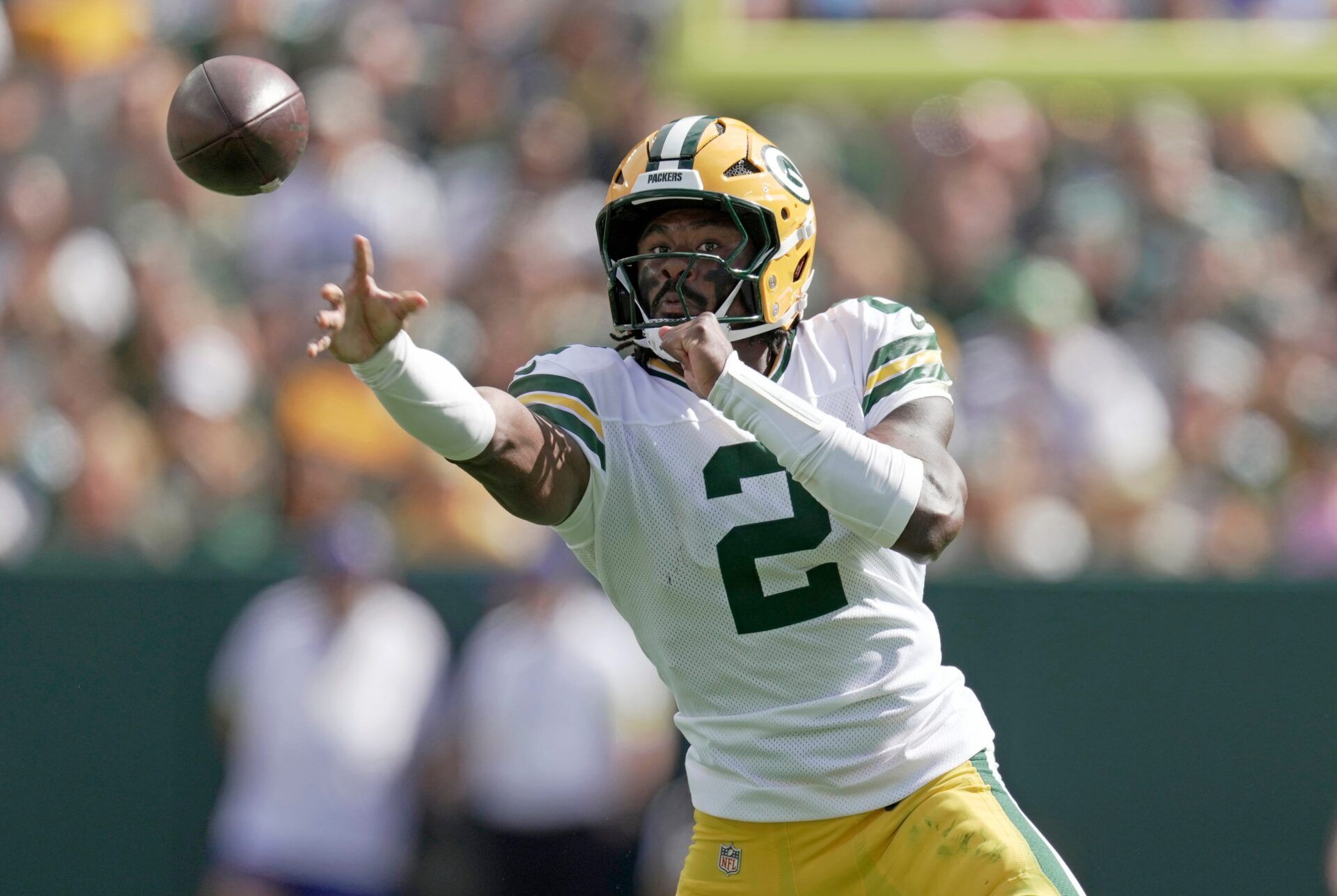 Green Bay Packers quarterback Malik Willis (2) throws for a first down during the first quarter of their preseason game against the Seattle Seahawks Saturday, August 23, 2025 at Lambeau Field in Green Bay, Wisconsin.