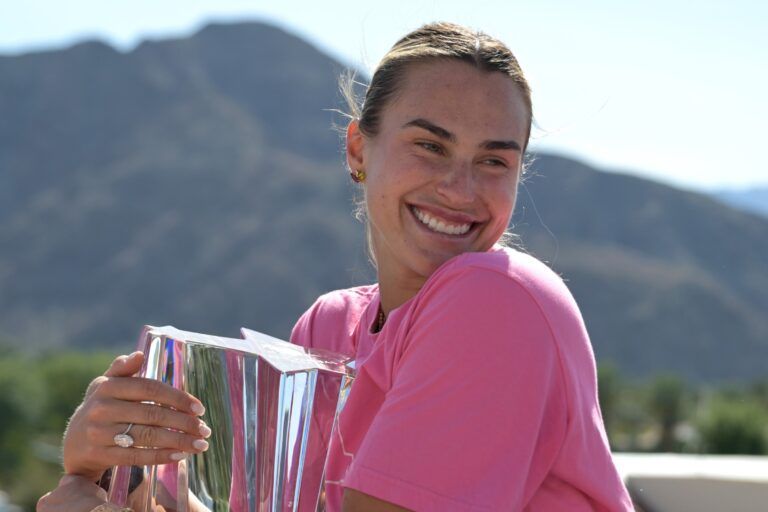 Aryna Sabalenka (BEL) holds the championship trophy after winning the womenÕs final of the BNP Paribas Open defeating Elena Rybakina (KAZ) at the Indian Wells Tennis Garden.