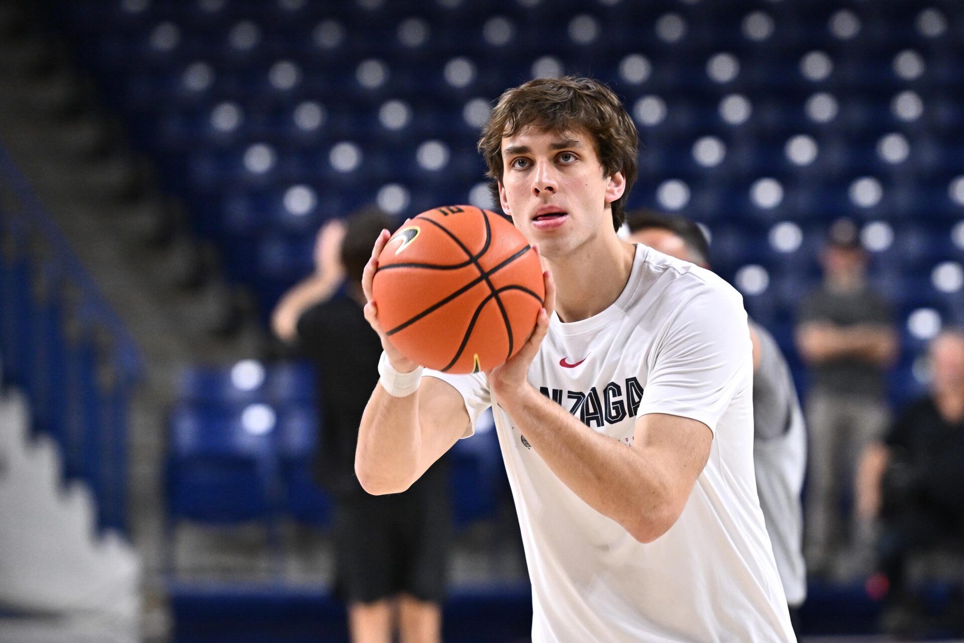 Gonzaga Bulldogs forward Braden Huff (34) shoots before a game against the Santa Clara Broncos at McCarthey Athletic Center.