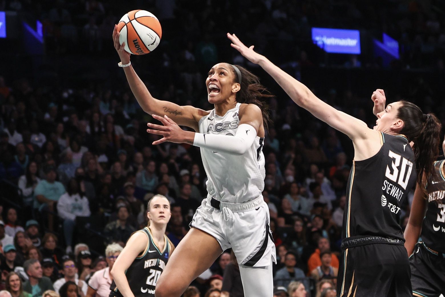 Las Vegas Aces center A'ja Wilson (22) and New York Liberty forward Breanna Stewart (30) during game two of the 2024 WNBA Semi-finals at Barclays Center.