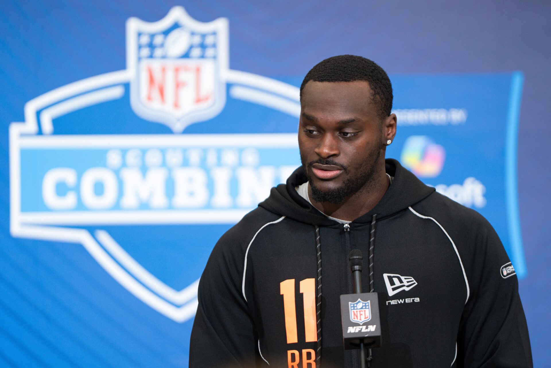 Notre Dame running back Jeremiyah Love (RB11) speaks to members of the media during the NFL Combine at the Indiana Convention Center.