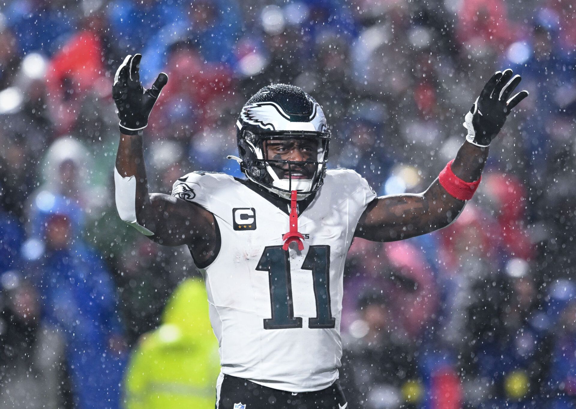 Philadelphia Eagles wide receiver A.J. Brown (11) during a timeout in the third quarter against the Buffalo Bills at Highmark Stadium.