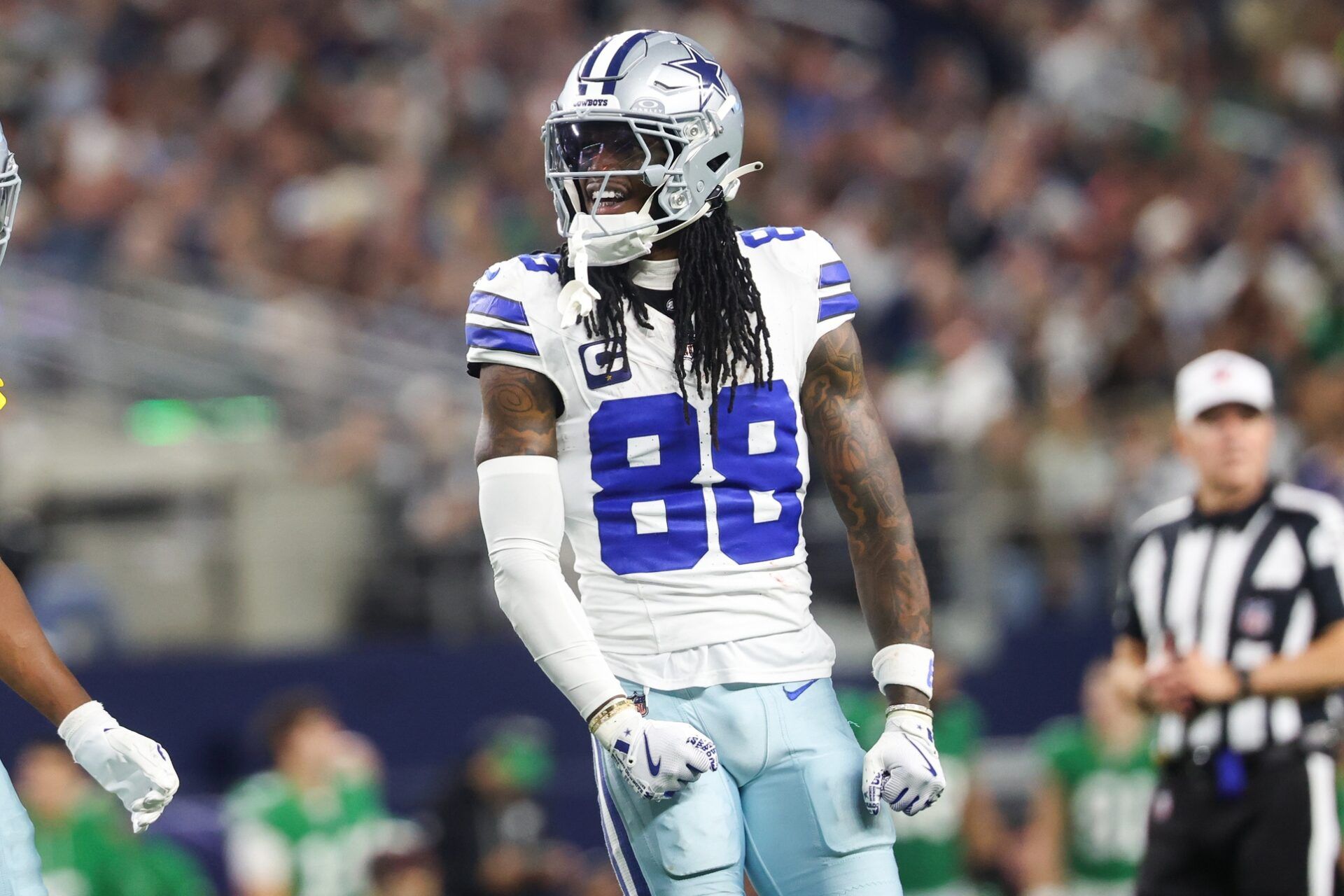 Dallas Cowboys wide receiver CeeDee Lamb (88) reacts after a catch in the third quarter against Philadelphia Eagles  at AT&T Stadium.