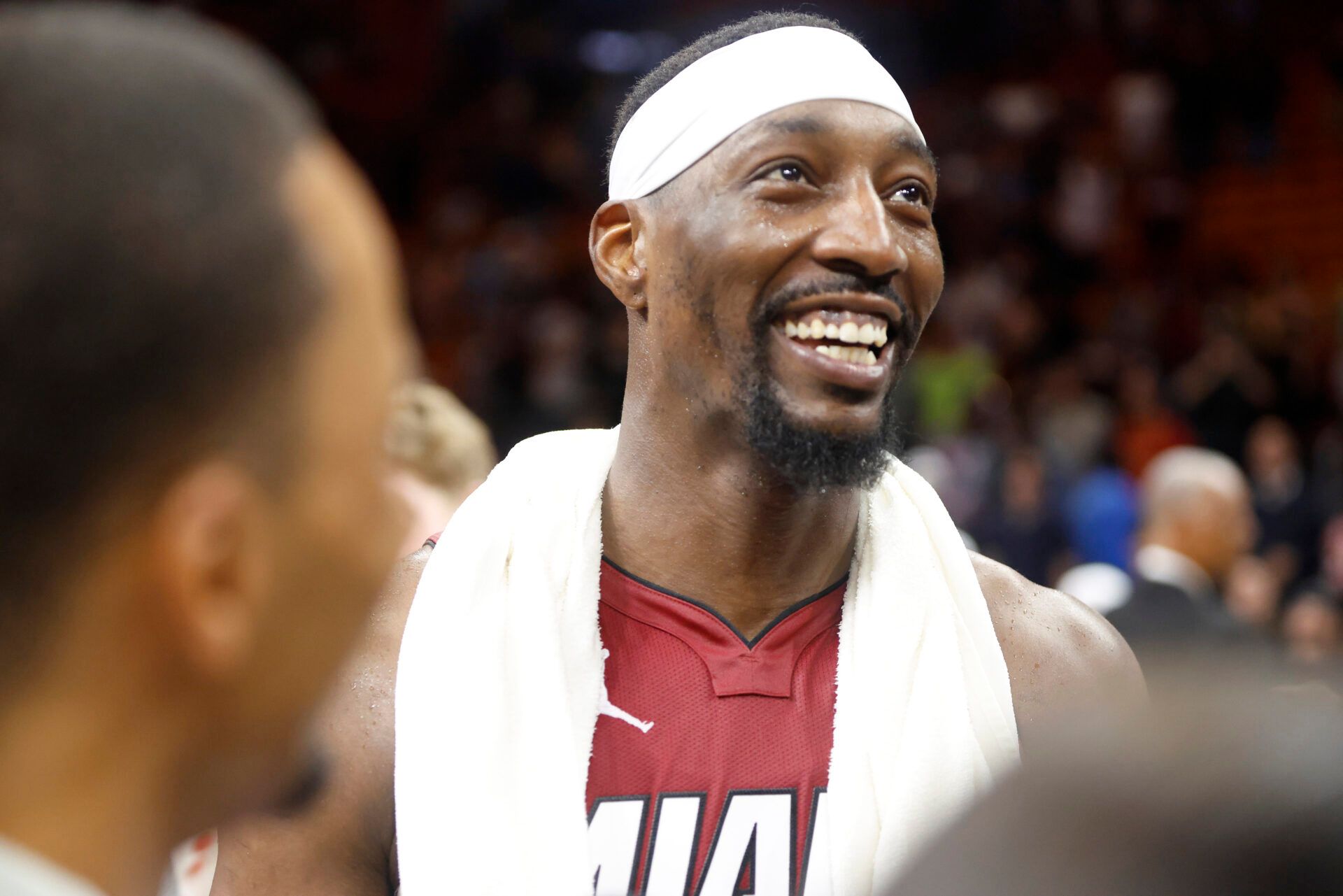 Miami Heat center Bam Adebayo (13) reacts after becoming the NBA's second highest scorer of points in a game against the Wshington Wizards at Kaseya Center. Adebayo scored 83 points.