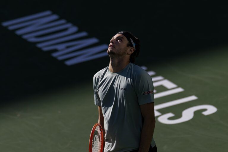 Taylor Fritz of the United States reacts during his match against Alex Michelsen of the United States in the third round of the men’s singles at the BNP Paribas Open at the Indian Wells Tennis Garden.