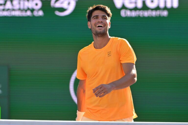 Carlos Alcaraz (ESP) smiles as he defeated Casper Ruud (NOR) during the fourth round in the BNP Paribas Open at the Indian Wells Tennis Garden.
