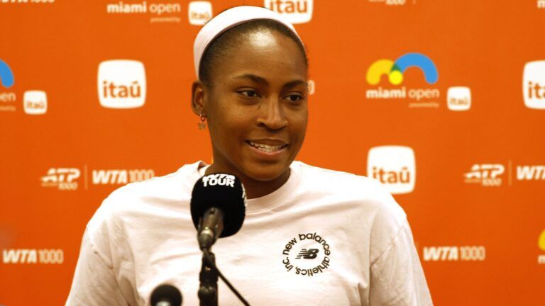 Coco Gauff (USA) speaks to the media during Media Day on Day 1 of the 2026 Miami Open at Hard Rock Stadium.
