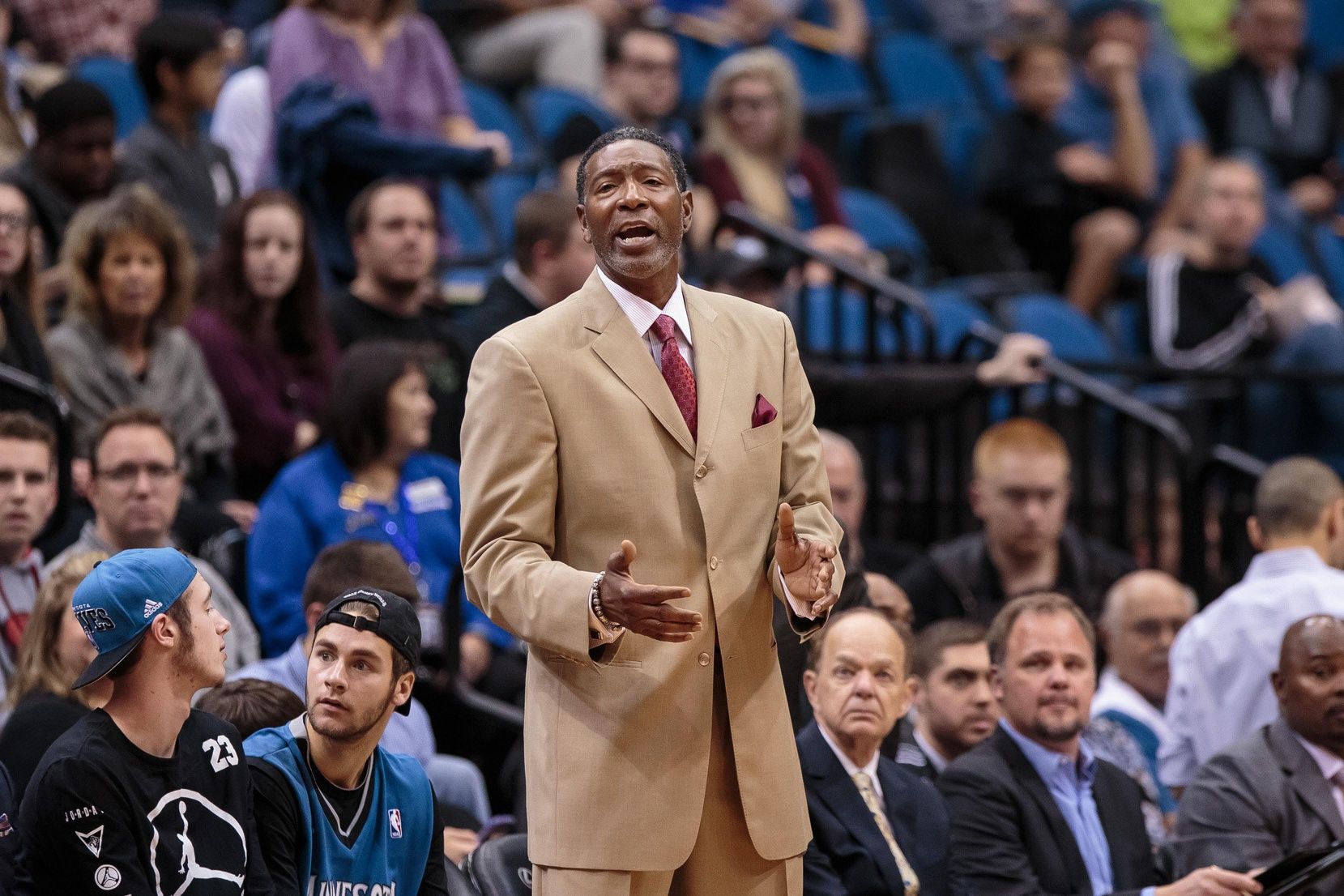Minnesota Timberwolves interim head coach Sam Mitchell in the first quarter against the Milwaukee Bucks at Target Center.