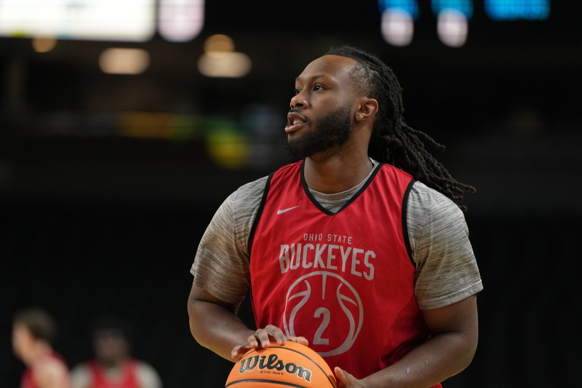 Ohio State Buckeyes guard Bruce Thornton (2) during a practice session ahead of the first round of the men's 2026 NCAA Tournament at Bon Secours Wellness Arena.