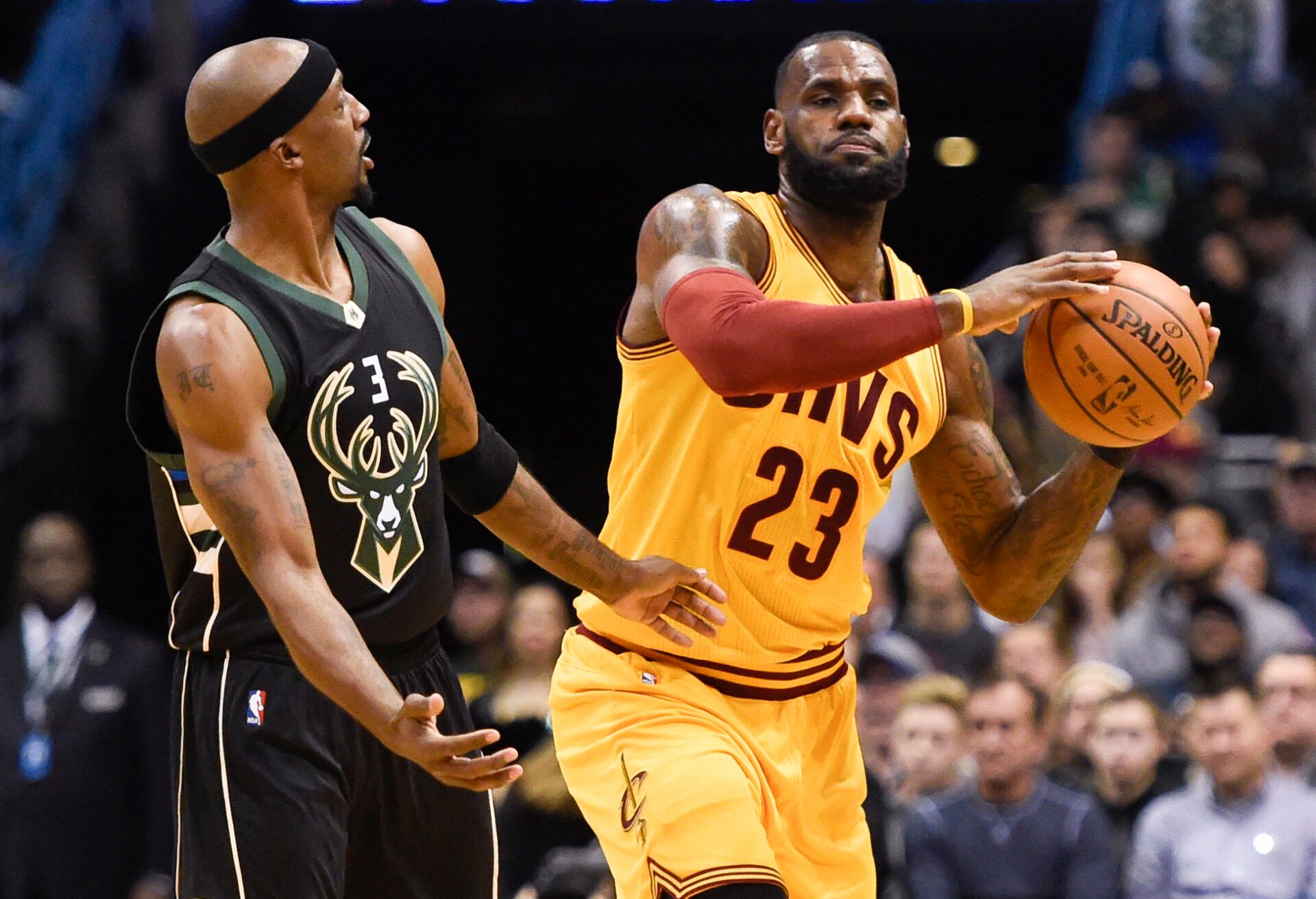 Cleveland Cavaliers forward LeBron James (23) looks to pass against Milwaukee Bucks guard Jason Terry (3) in the second quarter at BMO Harris Bradley Center.