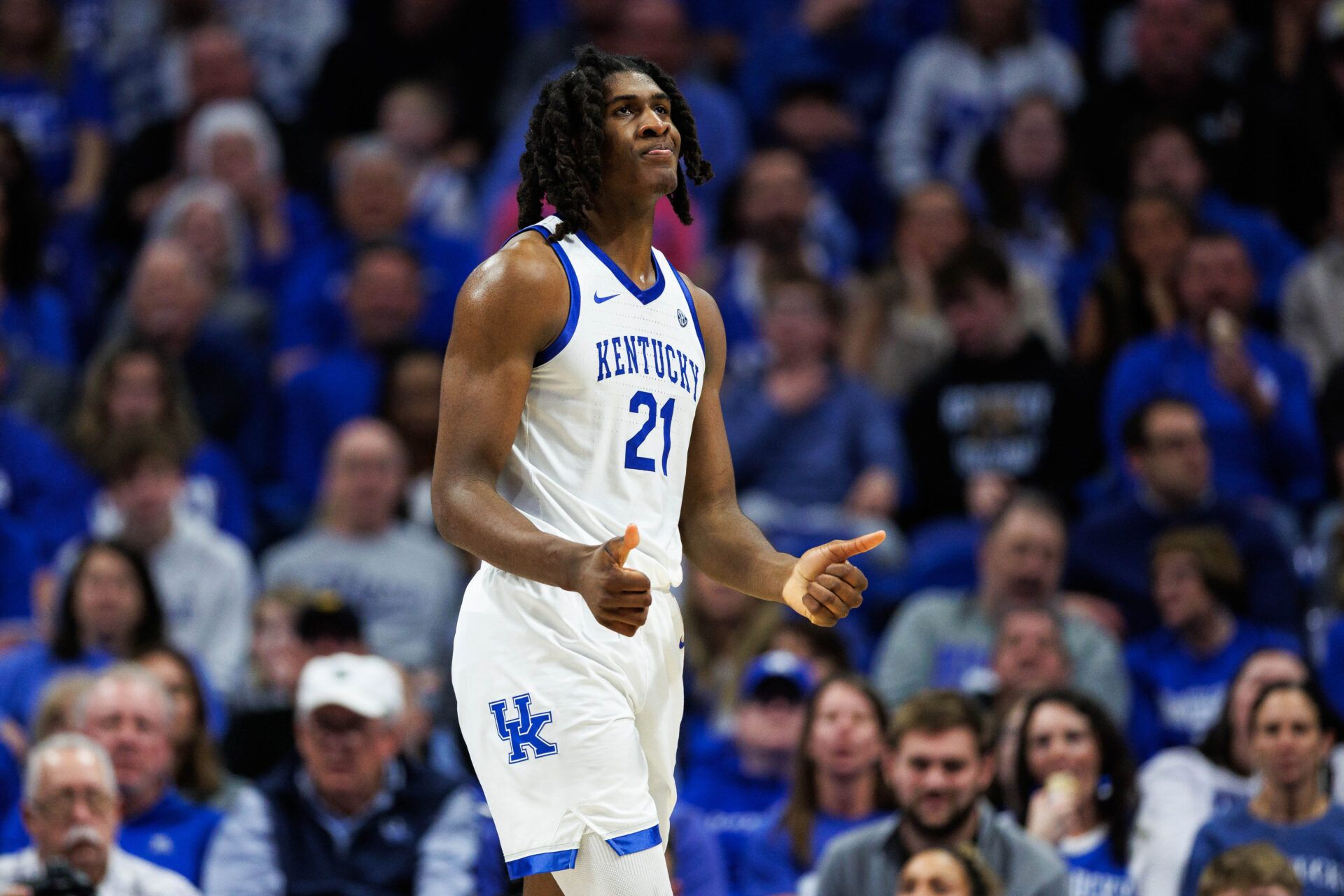 Kentucky Wildcats forward Jayden Quaintance (21) reacts during the second half against the Missouri Tigers at Rupp Arena at Central Bank Center.