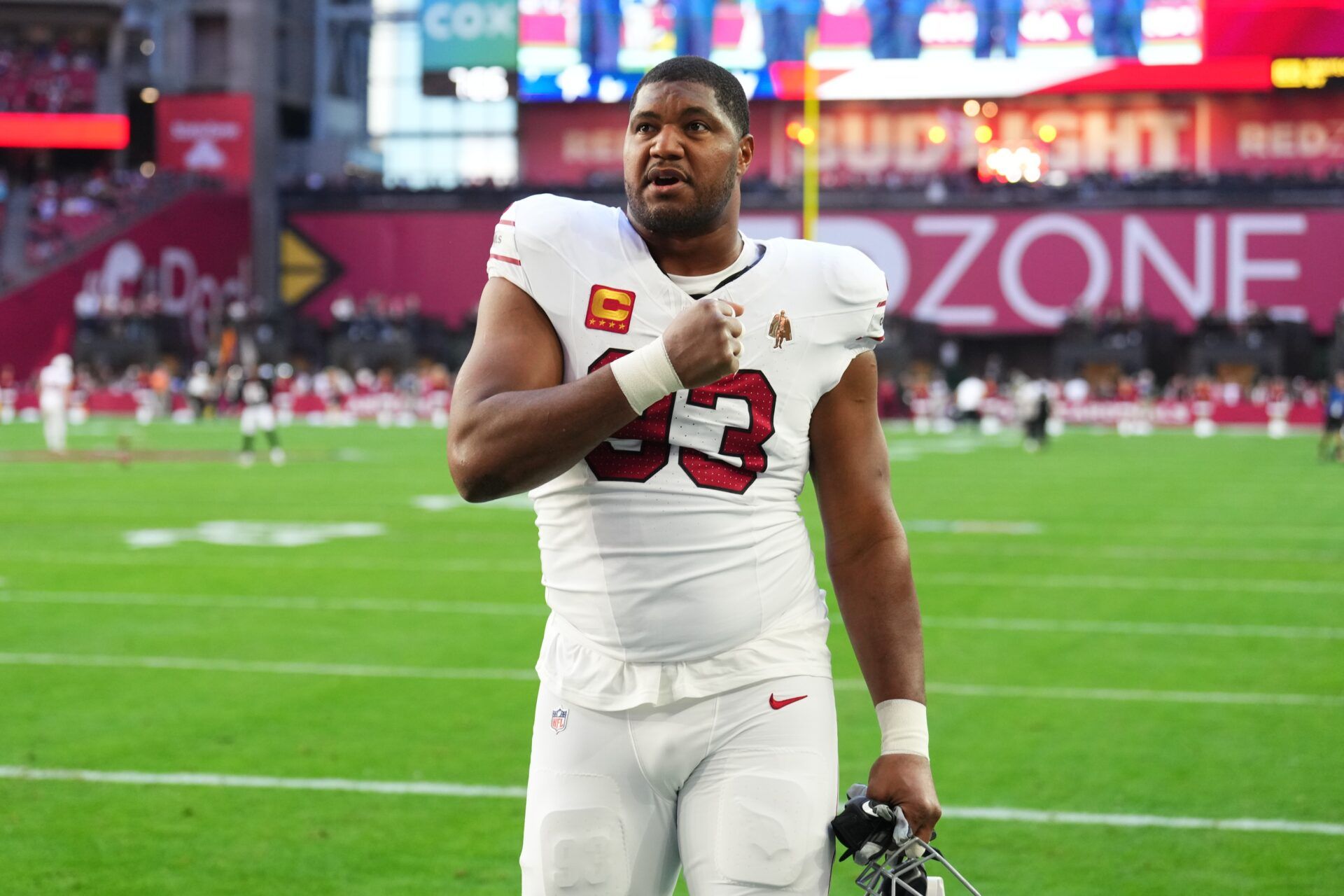 Arizona Cardinals defensive tackle Calais Campbell (93) stands on the field prior to a game against the Atlanta Falcons at State Farm Stadium.