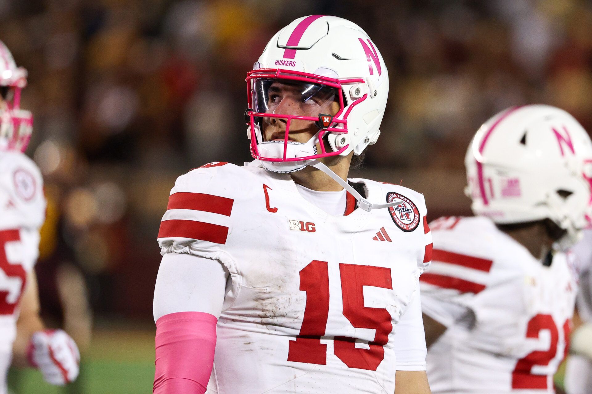 Nebraska Cornhuskers quarterback Dylan Raiola (15) looks on during the second half against the Minnesota Golden Gophers at Huntington Bank Stadium.