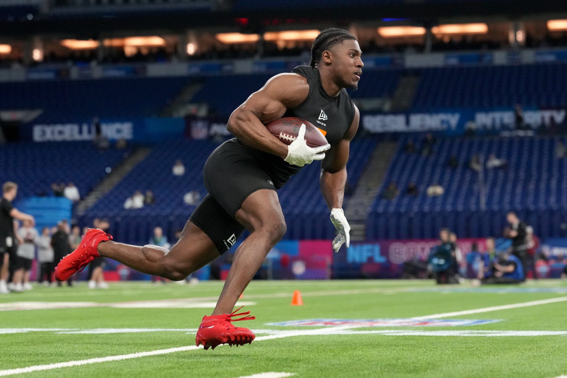Notre Dame running back Jadarian Price (RB15) during the NFL Scouting Combine at Lucas Oil Stadium.