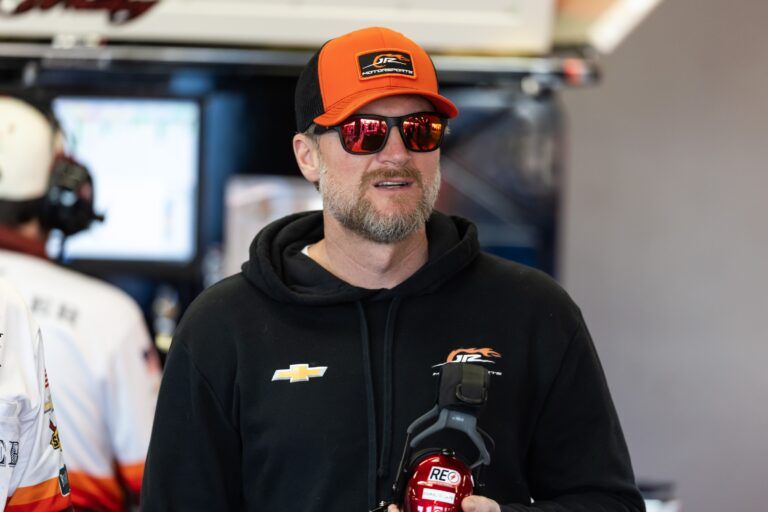 NASCAR Cup Series team owner Dale Earnhardt Jr during practice for the Daytona 500 at Daytona International Speedway.
