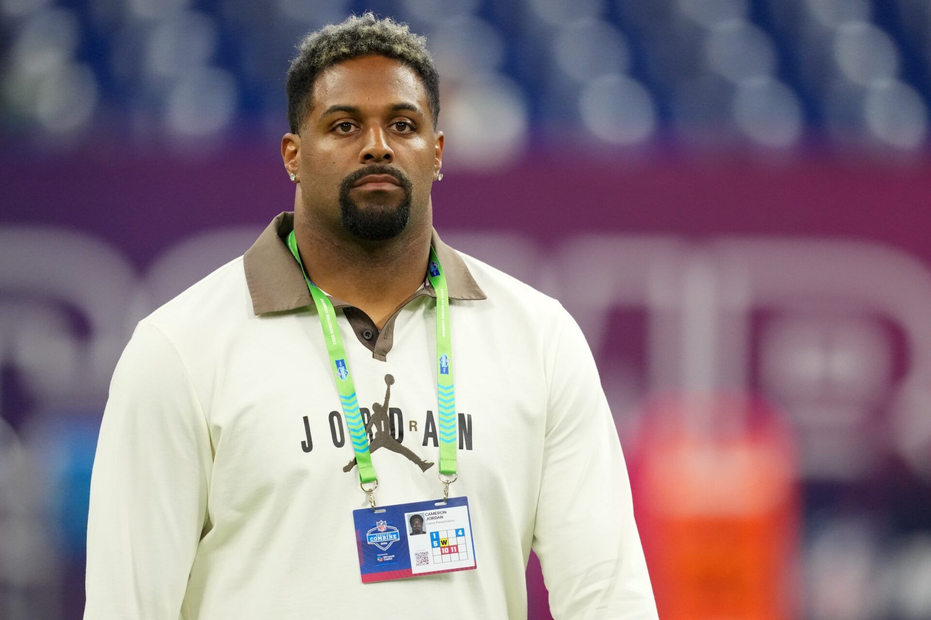 New Orleans Saints defensive end Cameron Jordan looks on during the NFL Scouting Combine at Lucas Oil Stadium.
