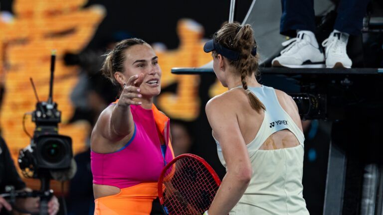 Elena Rybakina of Kazakhstan celebrates her victory over  Aryna Sabalenka in the final of the womens singles at the Australian Open at Rod Laver Arena in Melbourne Park.