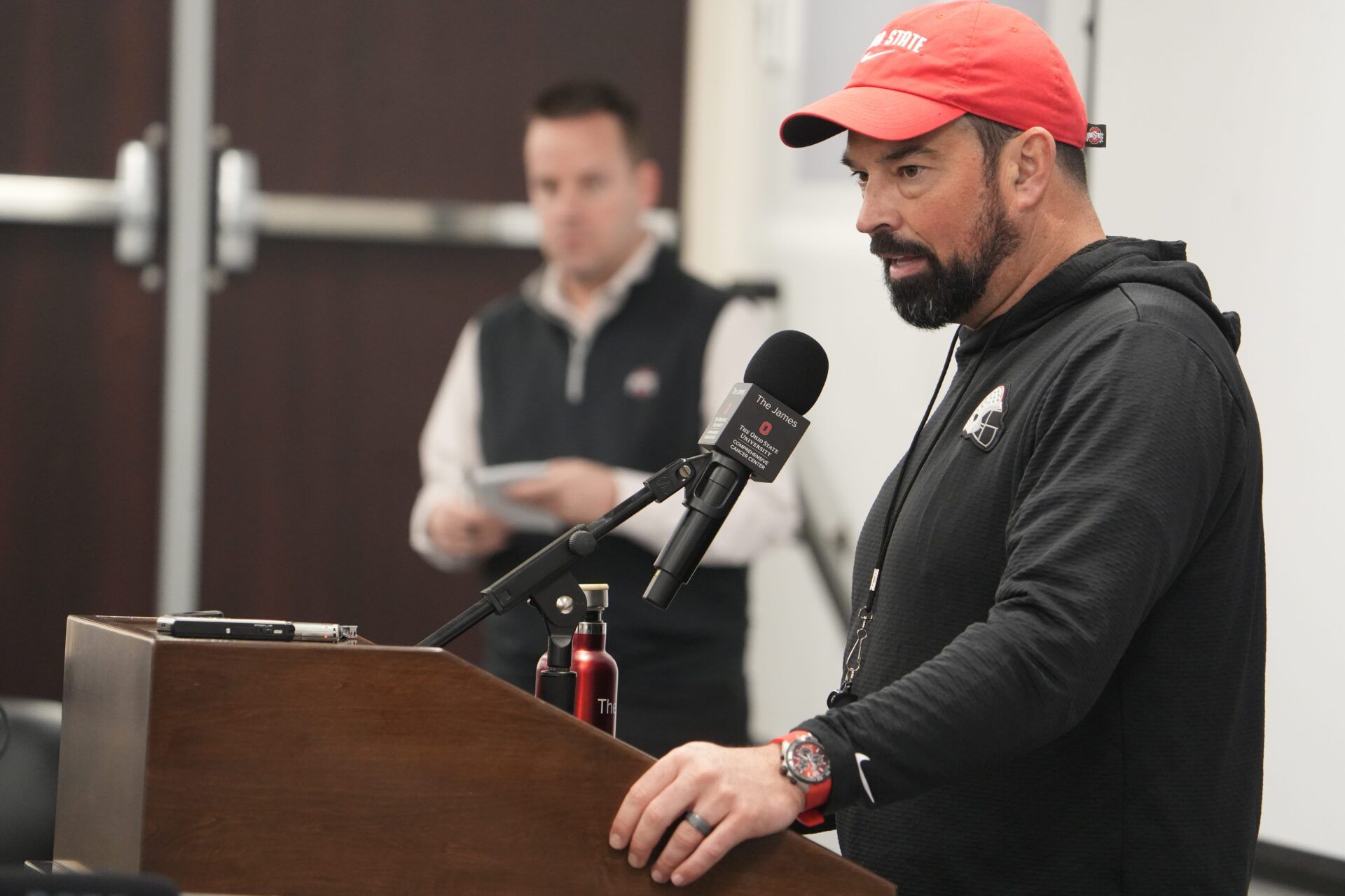 Ryan Day answers a question during an Ohio State football coach’s news conference Tuesday, March 10, 2026 at the Woody Hayes Athletic Center in Columbus, Ohio.
