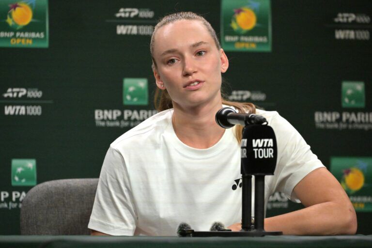 Elena Rybakina (KAZ) speaks to the media at a news conference during the BNP Paribas Open at the Indian Wells Tennis Garden.