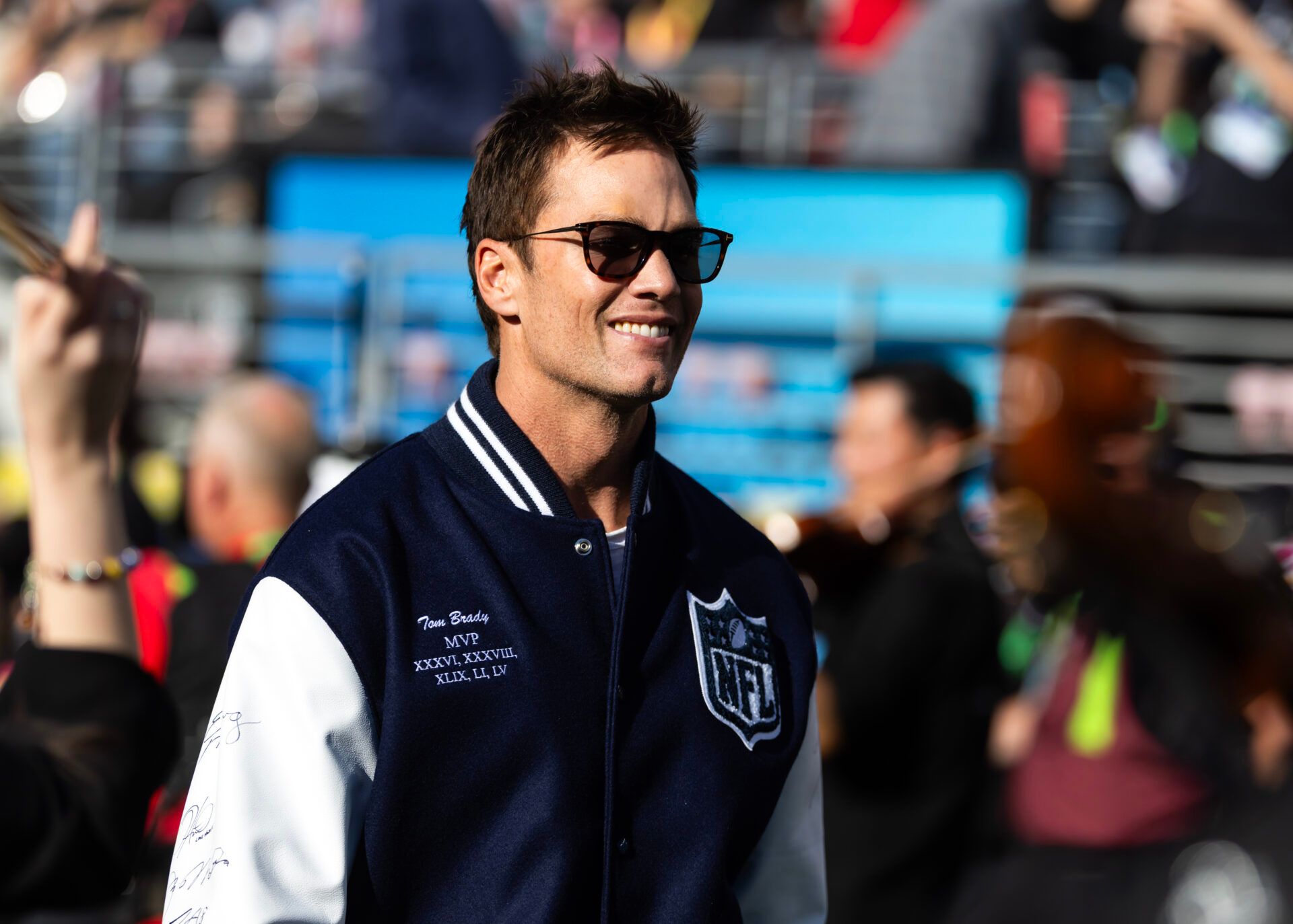 Former Super Bowl MVP Tom Brady in attendance before Super Bowl LX between the Seattle Seahawks and the New England Patriots at Levi's Stadium.